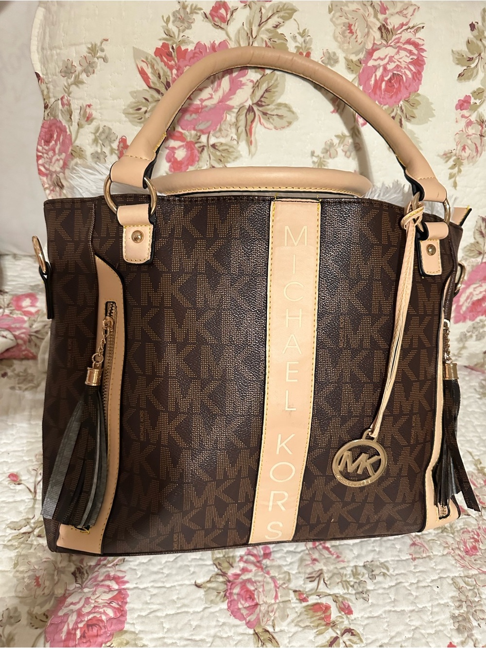 Michael Kors Brown & Tan MK Signature Tote with Tassel Charm